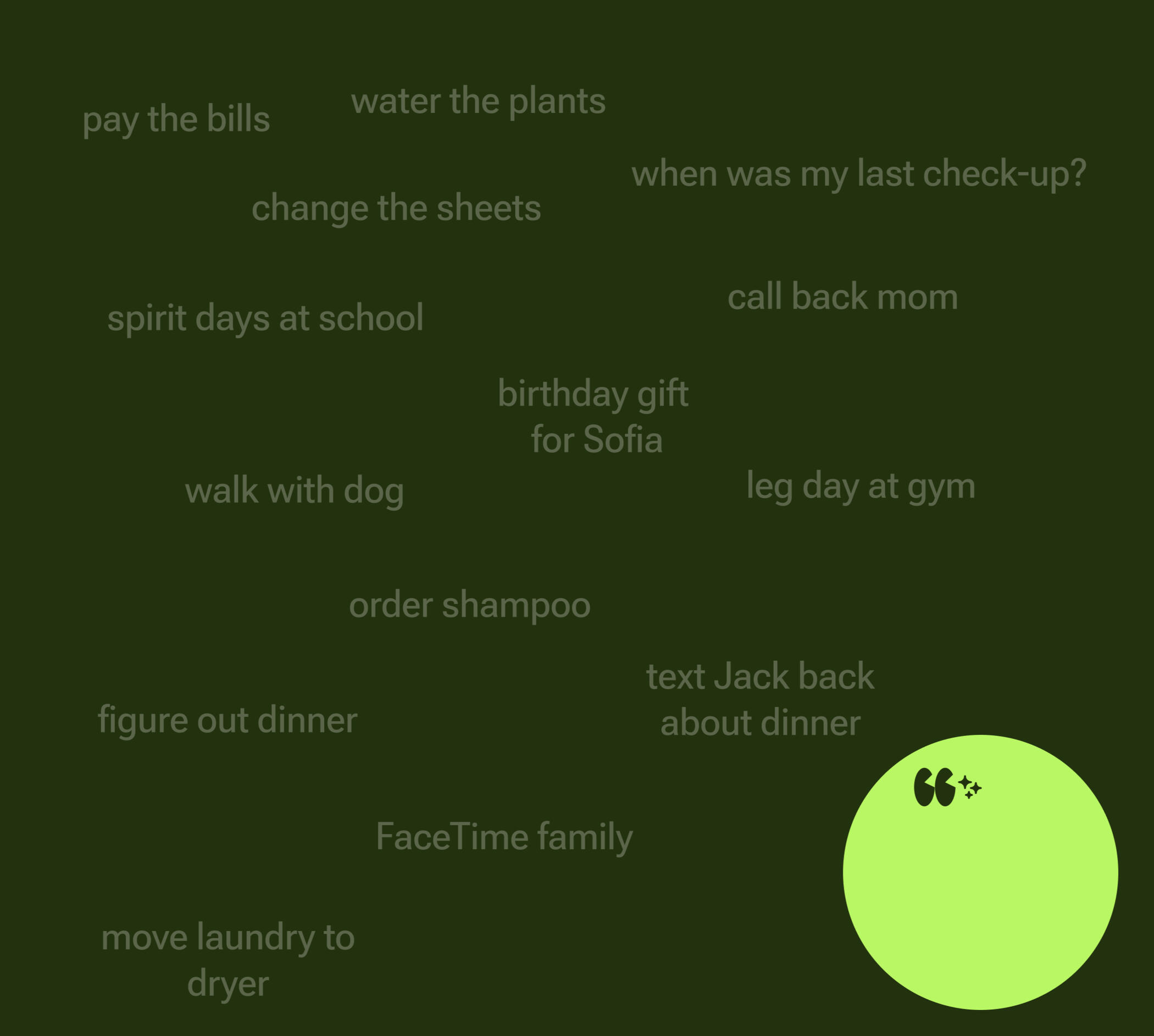 What's in your head right now Mental load brain dump — everyday thoughts like pay the bills, call back mom, birthday gift for Sofia, change the sheets, all living in your head at once
