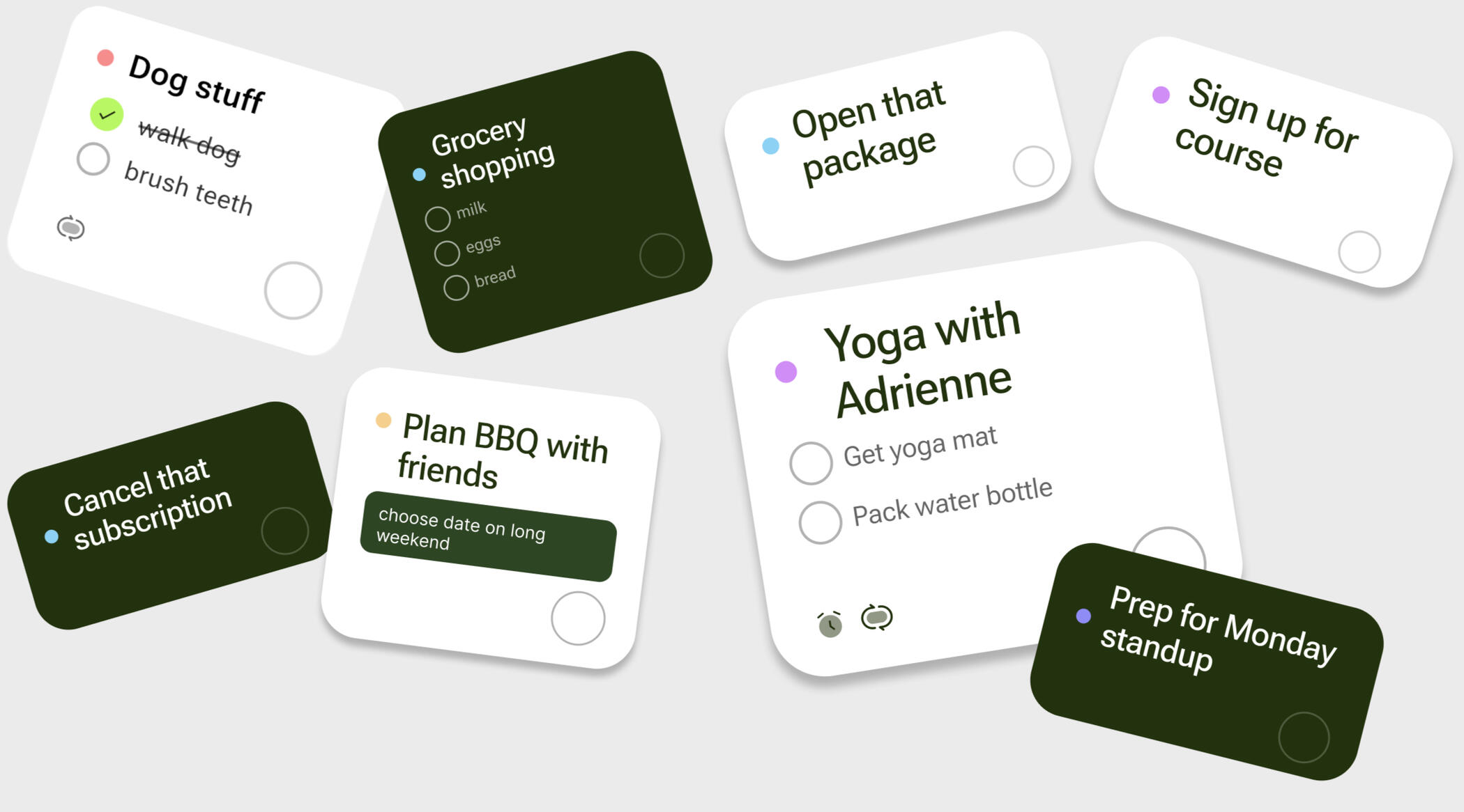 Mental load visualization — scattered tasks like groceries, dog care, yoga, meal planning, and work prep all living in your head at the same time