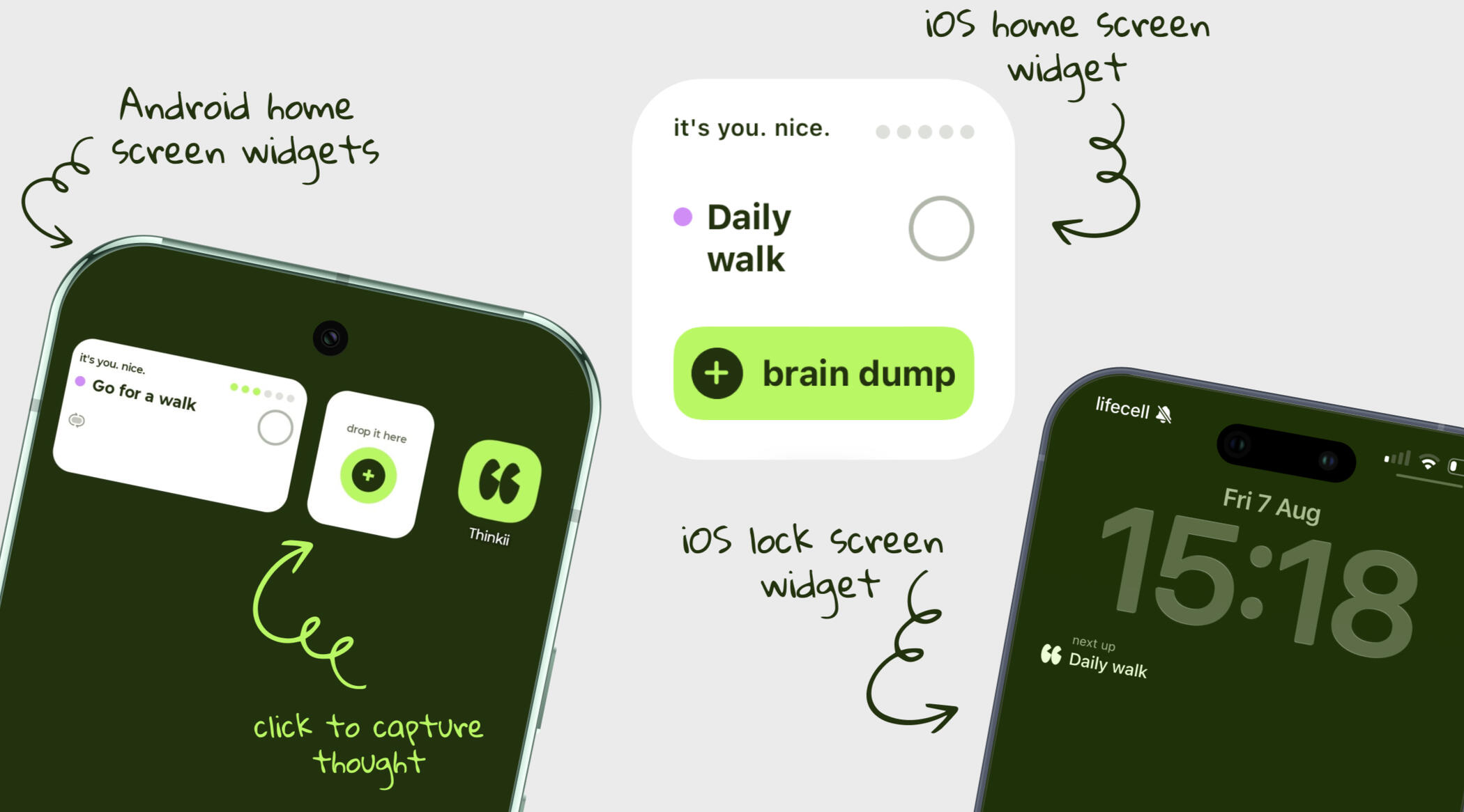 Thinkii widgets for iPhone and Android — home screen widget showing daily tasks and lock screen widget showing next task at a glance